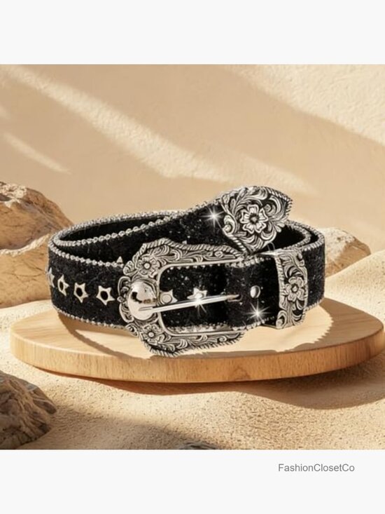 Rhinestone Studded PU Leather Belt with Engraved Buckle